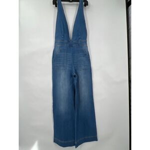 Dollhouse Womens 7 Wide Leg Denim Jumpsuit Blue Medium Wash V-Neck Overalls